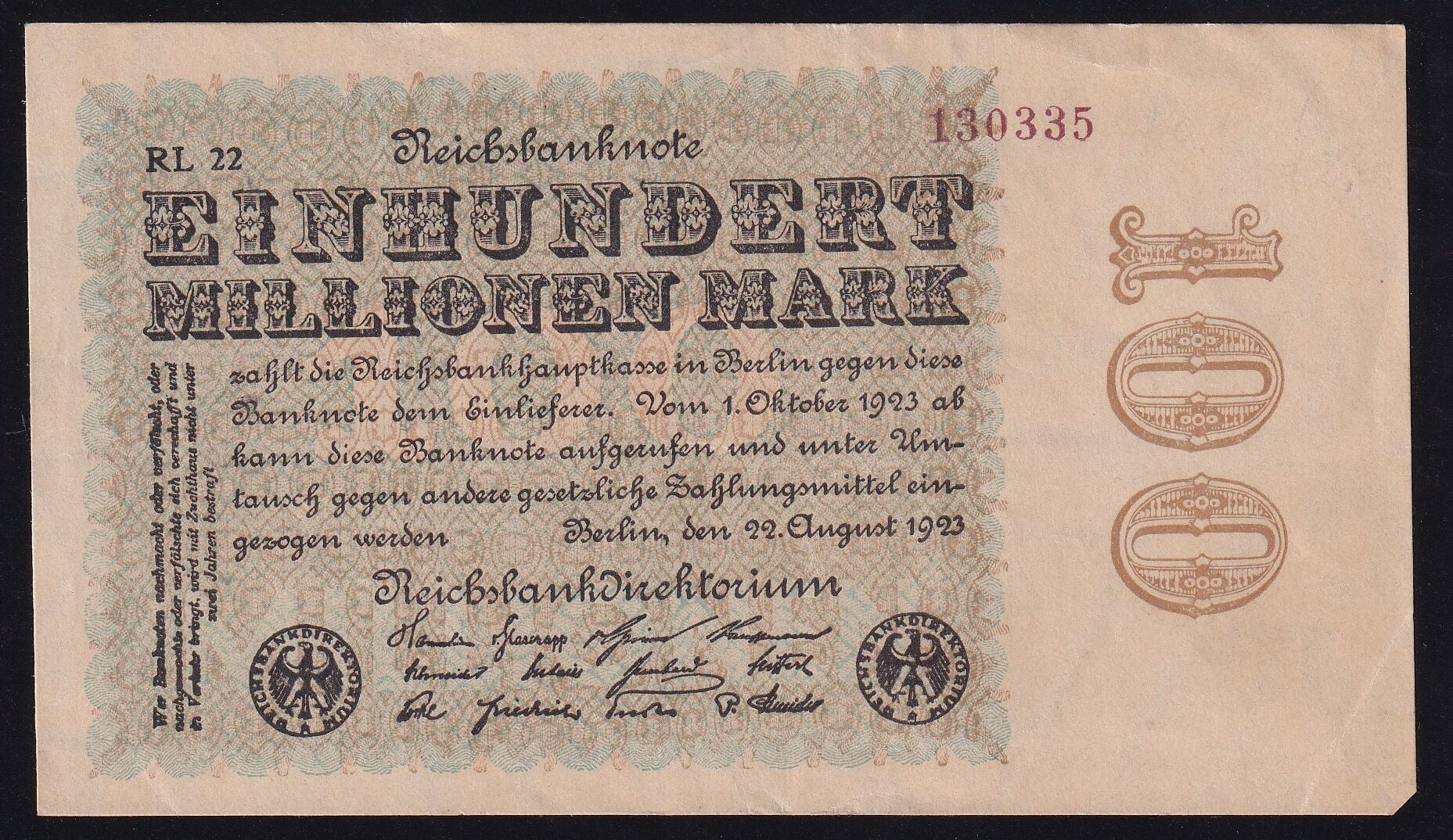 Almanya 100 Milyon Mark 1923 Çok Temiz