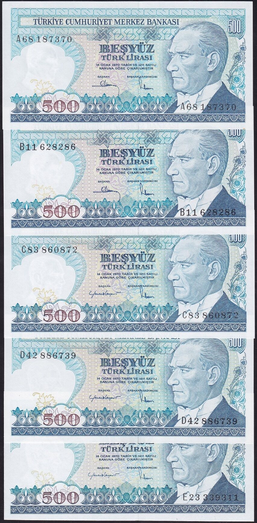 7.Emisyon 1.Ve 2.Tertip 500 LİRA ABCDE Takım Çil