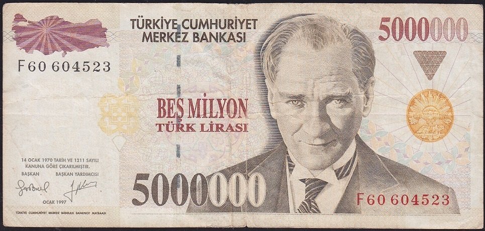 7.Emisyon 5 000 000 Lira F60 604523 Çok Temiz