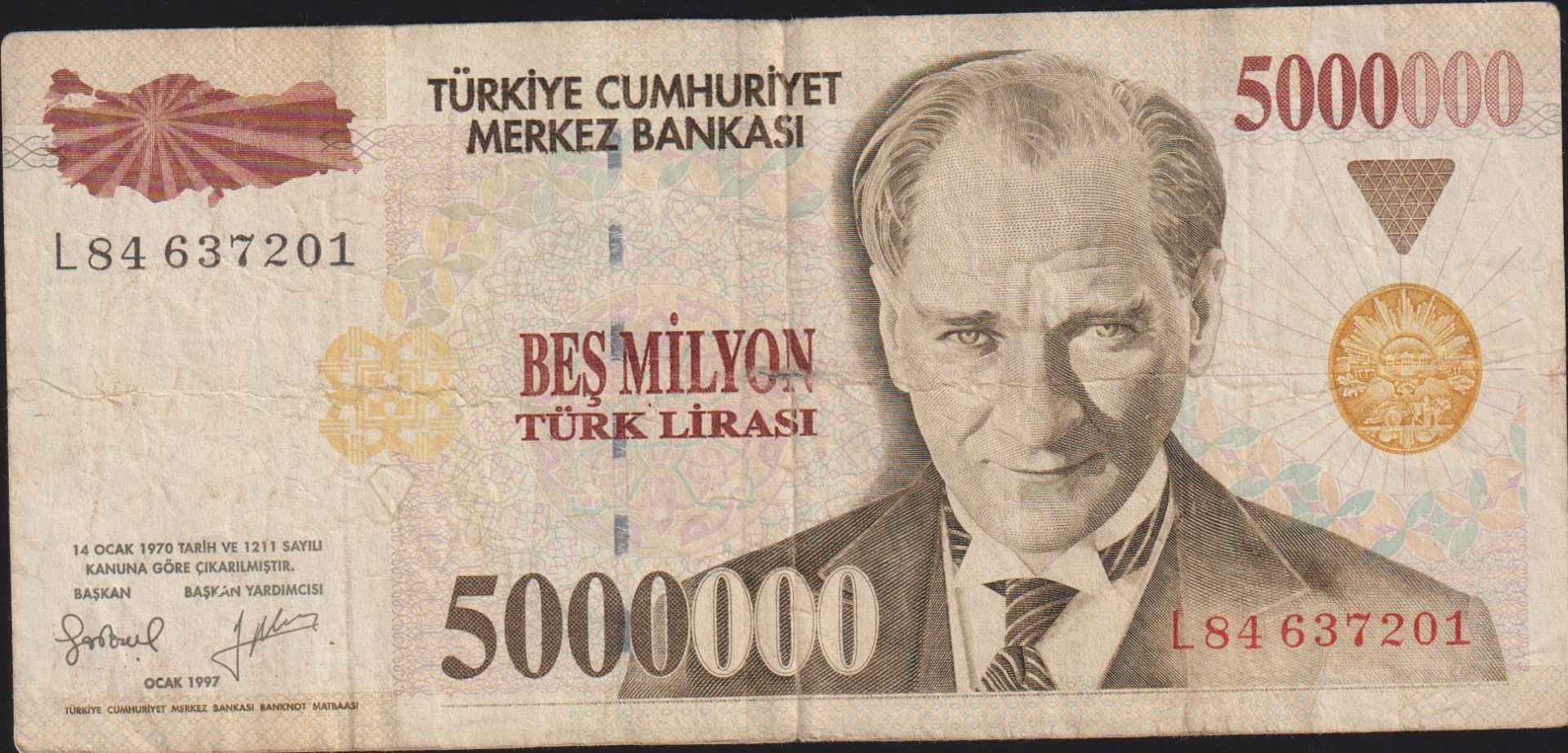 7.Emisyon 5 000 000 Lira L84 637201 Çok Temiz