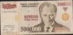 7.Emisyon 5 000 000 Lira L84 637201 Çok Temiz