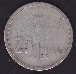 1936 Yılı 25 Kuruş Gümüş