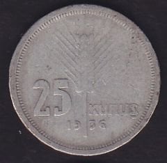 1936 Yılı 25 Kuruş Gümüş