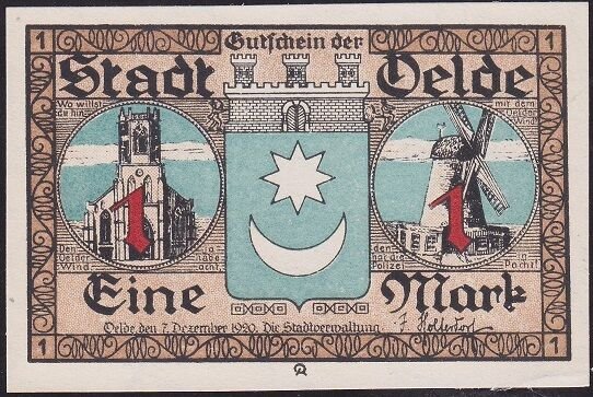 Almanya 1 Mark Notgeld 1920 Çil Filigranlı