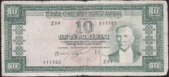 5.EMİSYON 5.TERTİP 10 LİRA Z59 411582 HALİYLE ( YIKAMA VAR )