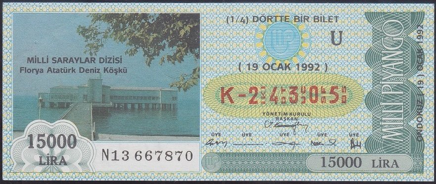 1992 19 OCAK ÇEYREK BİLET - U SERİSİ (K)