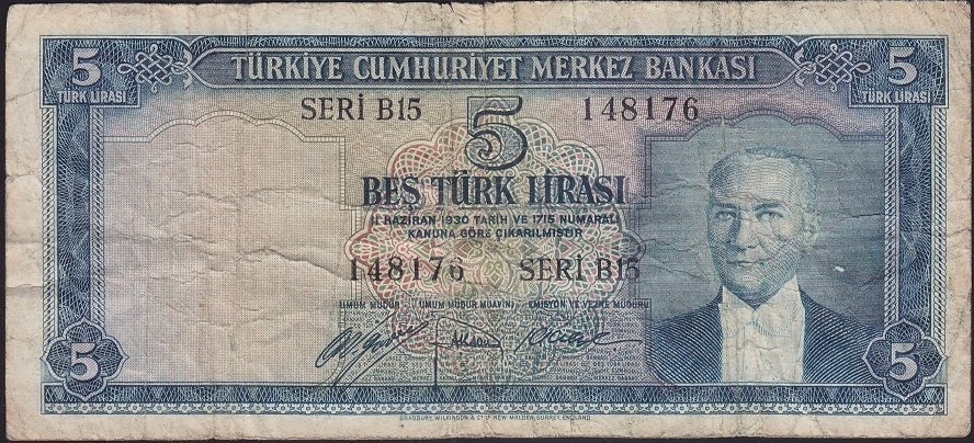 5.EMİSYON 1.TERTİP 5 LİRA B15 148176 TEMİZ