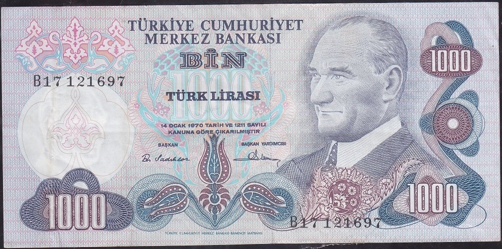 6.Emisyon 1.Tertip 1000 Lira B17 121697 Çok Temiz +