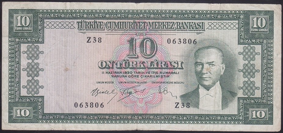 5.EMİSYON 5.TERTİP 10 LİRA Z38 063806 ÇOK TEMİZ