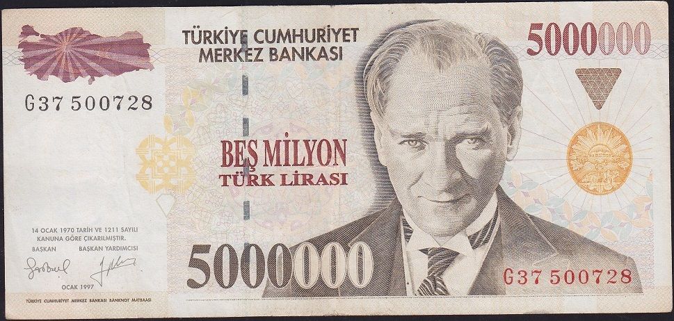 7.Emisyon 5 000 000 Lira G37 500728 Çok Temiz+