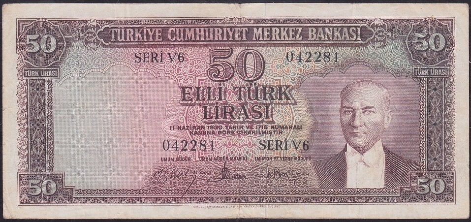 5.Emisyon 4.Tertip 50 Lira V6 042281 Çok Temiz