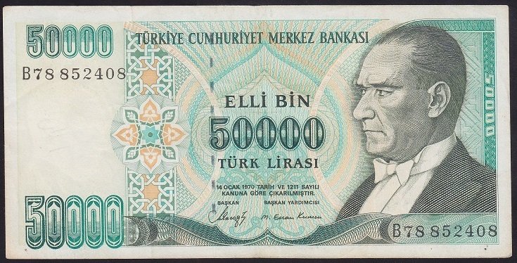 7.EMİSYON 1.TERTİP 50000 LİRA B78 852408 ÇOK TEMİZ +