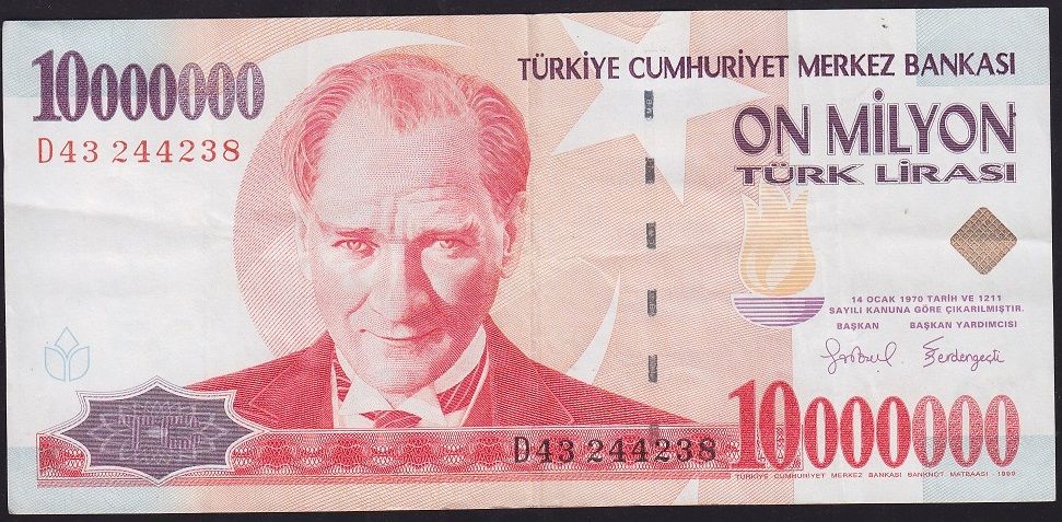 7.Emisyon 10 000 000 Lira D43 244238 Çok Temiz+