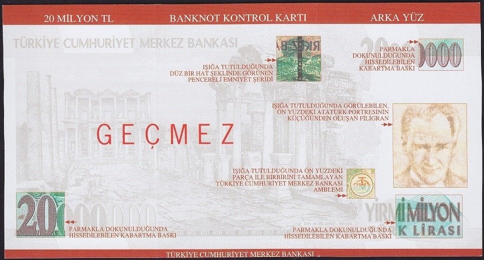 Türkiye Cumhuriyeti 20 Milyon Lira Banknot Kontrol Kartı