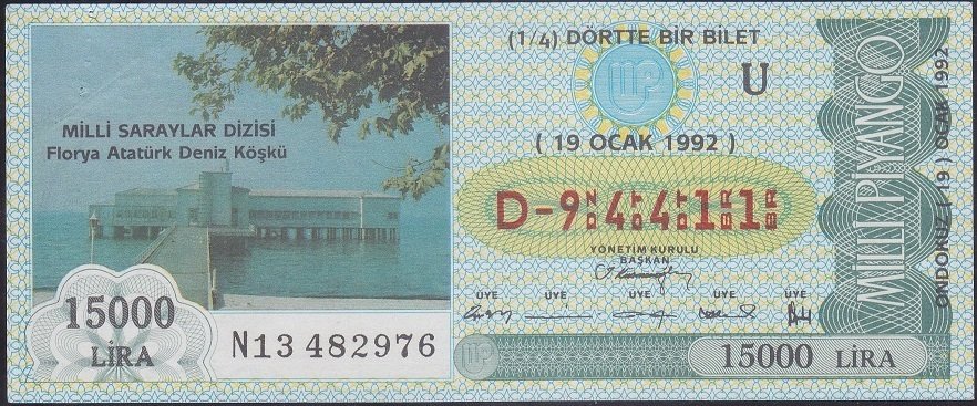 1992 19 OCAK ÇEYREK BİLET - U SERİSİ eski para değerleri