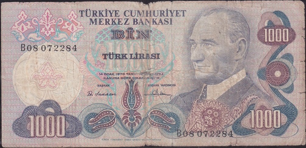 6.Emisyon 1.Tertip 1000 Lira B08 072284 İyi