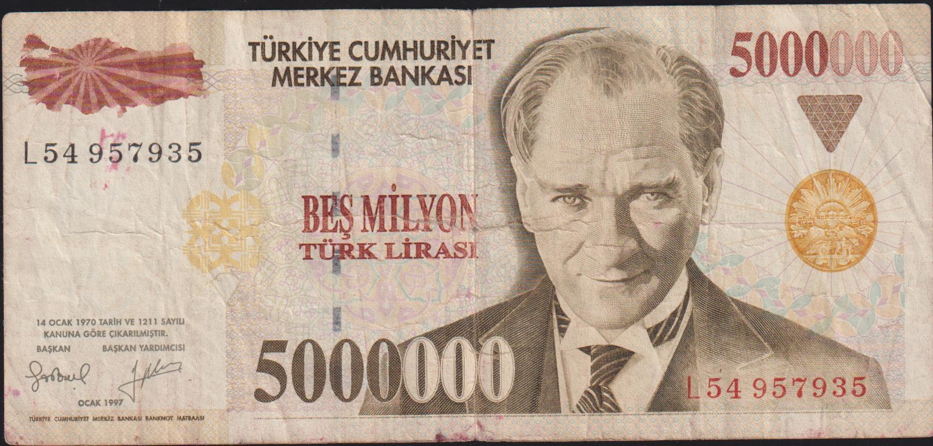 7.Emisyon 5 000 000 Lira L54 957935 Temiz