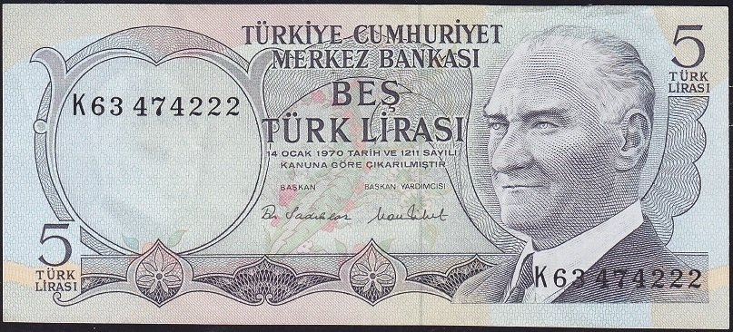 6.Emisyon 2.Tertip 5 Lira K63 474222 Çok Temiz+