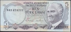 6.Emisyon 2.Tertip 5 Lira K63 474222 Çok Temiz+