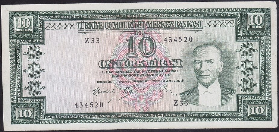5.EMİSYON 4.TERTİP 10 LİRA Z33 434520 ÇOK TEMİZ + ( DÜZLEME VAR )