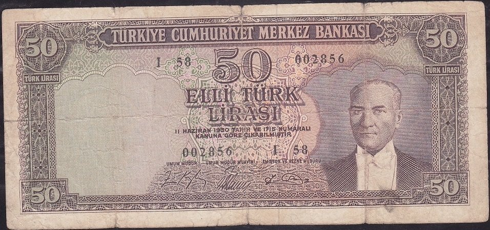 5.Emisyon 6.Tertip 50 Lira I58 002856 Temiz