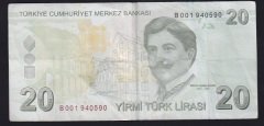 9.EMİSYON 20 LİRA 2.TERTİP B001 940590 ÇOK TEMİZ eski paralar nereye satılır
