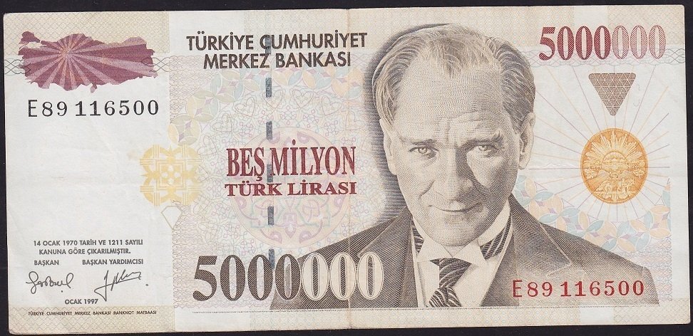 7.Emisyon 5 000 000 Lira E89 116500 Çok Temiz