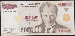 7.Emisyon 5 000 000 Lira E89 116500 Çok Temiz