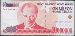 7.Emisyon 10 000 000 Lira D41 409967 Çok Temiz+