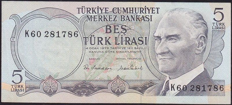 6.Emisyon 2.Tertip 5 Lira K60 281786 Çok Temiz+