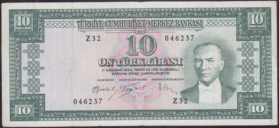 5.EMİSYON 4.TERTİP 10 LİRA Z32 046237 ÇOK TEMİZ ( DÜZLEME VAR )