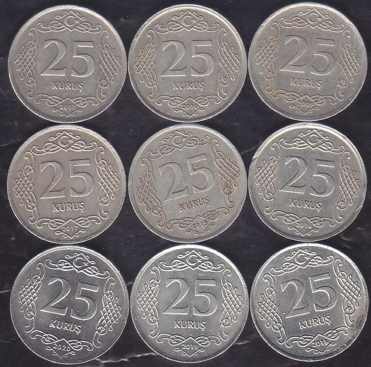 2009 - 2020 arası 9 Farklı Tarih  25 Kuruş Lotu
