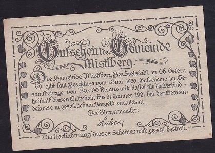 AVUSTURYA 20 HELLER NOTGELD 1920 ÇİL