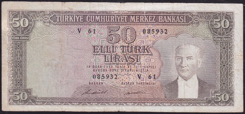 5.Emisyon 7.Tertip 50 Lira V61 085932 Çok Temiz