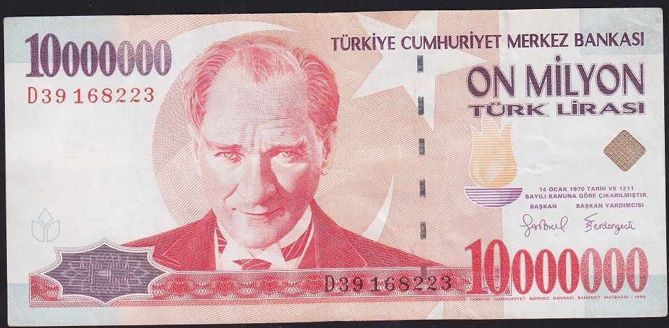 7.Emisyon 10 000 000 Lira D39 168223 Çok Temiz+