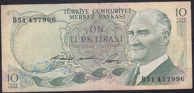 6.EMİSYON 1.TERTİP 10 LİRA B51 437996 ÇOK TEMİZ