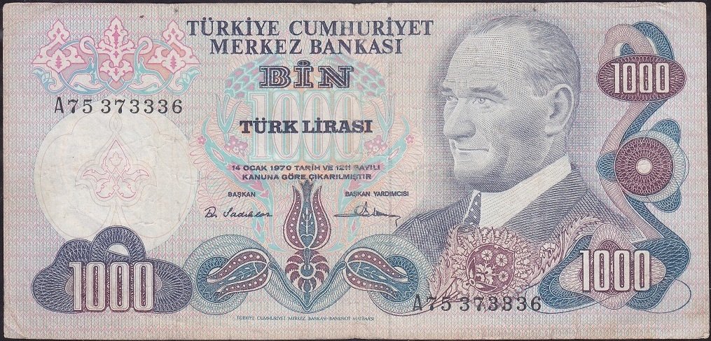 6.Emisyon 1.Tertip 1000 Lira A75 373336 Çok Temiz