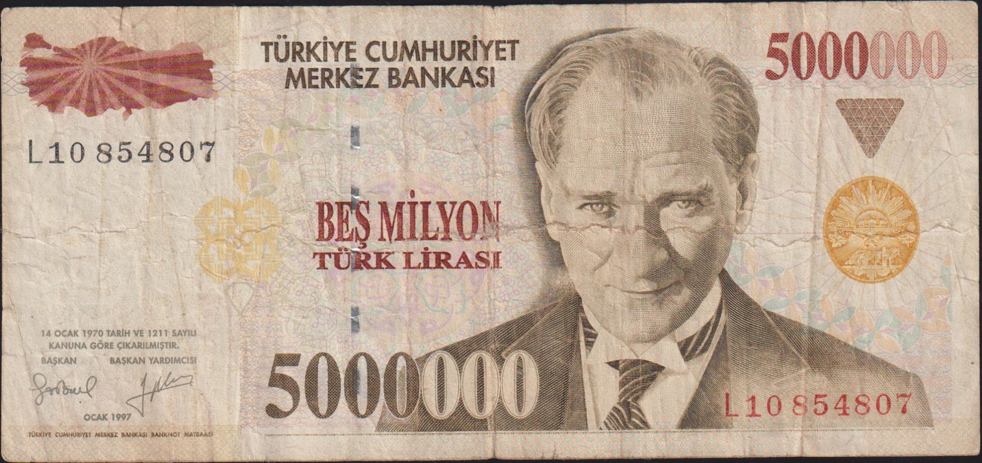 7.Emisyon 5 000 000 Lira L10 854807 Temiz