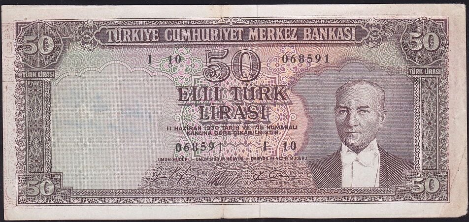 5.Emisyon 6.Tertip 50 Lira I10 068591 Çok Temiz