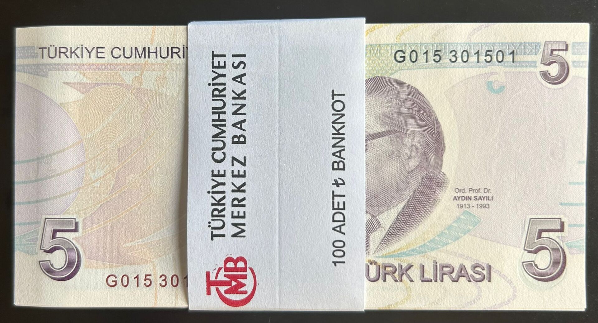 9.Emisyon 7.Tertip 5 Lira G015 301501 - 600 Çil Deste (100 Adet ) Tam Sıralı