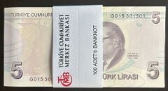 9.Emisyon 7.Tertip 5 Lira G015 301501 - 600 Çil Deste (100 Adet ) Tam Sıralı