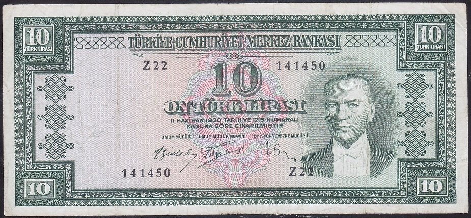 5.EMİSYON 4.TERTİP 10 LİRA Z22 141450 ÇOK TEMİZ ( DÜZLEME VAR )