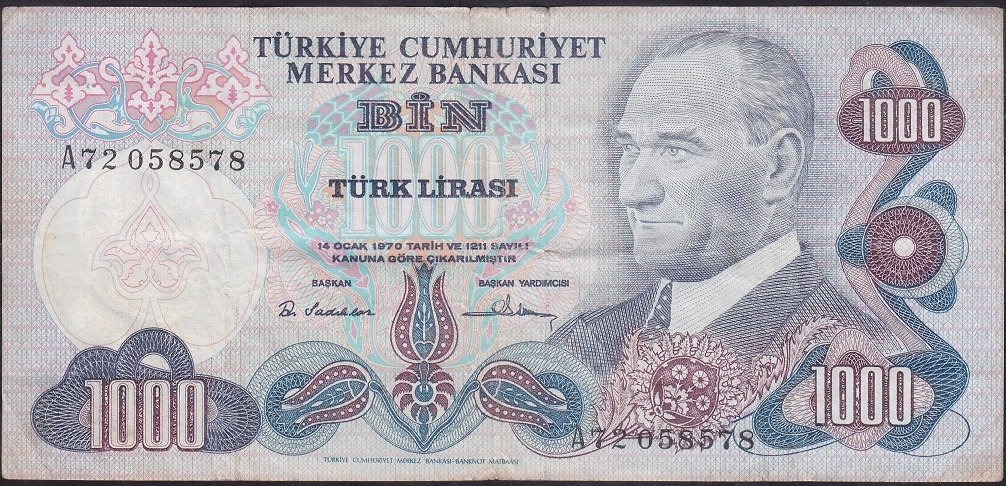 6.Emisyon 1.Tertip 1000 Lira A72 058578 Çok Temiz