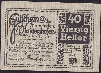 AVUSTURYA 40 HELLER NOTGELD 1920 ÇİLALTI