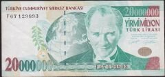 7.Emisyon 20 000 000 Lira F67 129893 Çok Temiz+