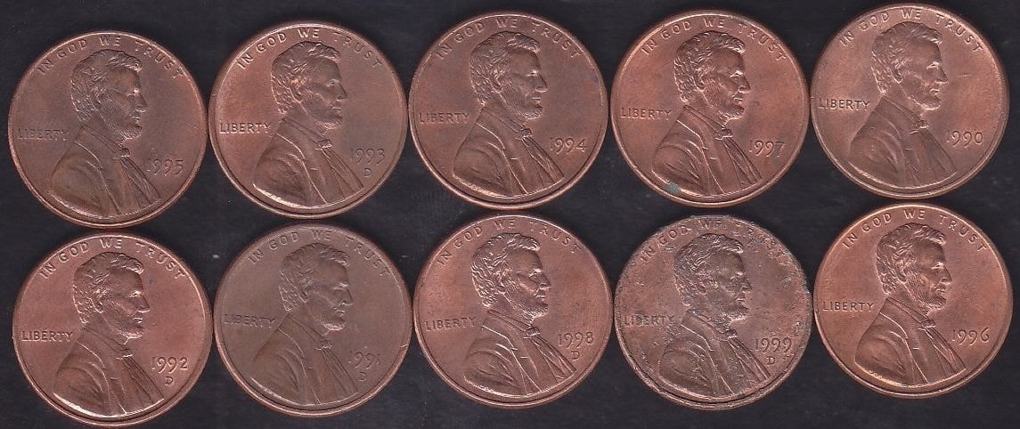 AMERİKA 1 CENT 1990-91-92-93-94-95-96-97-98-99 YILLARI 10 ADET  LOT