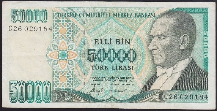 7.Emisyon 1.Tertip 50000 Lira C26 029184 Çok Çok Temiz
