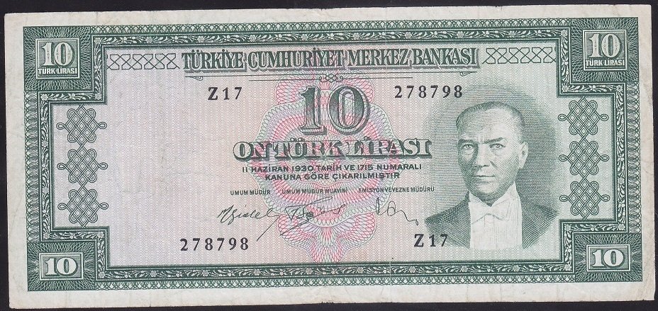 5.EMİSYON 4.TERTİP 10 LİRA Z17 278798 ÇOK TEMİZ ( DÜZLEME VAR )