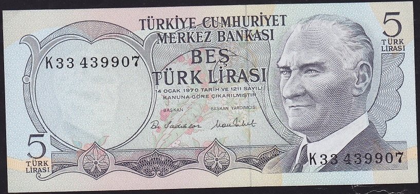 6.Emisyon 2.Tertip 5 Lira K33 439907 Çil