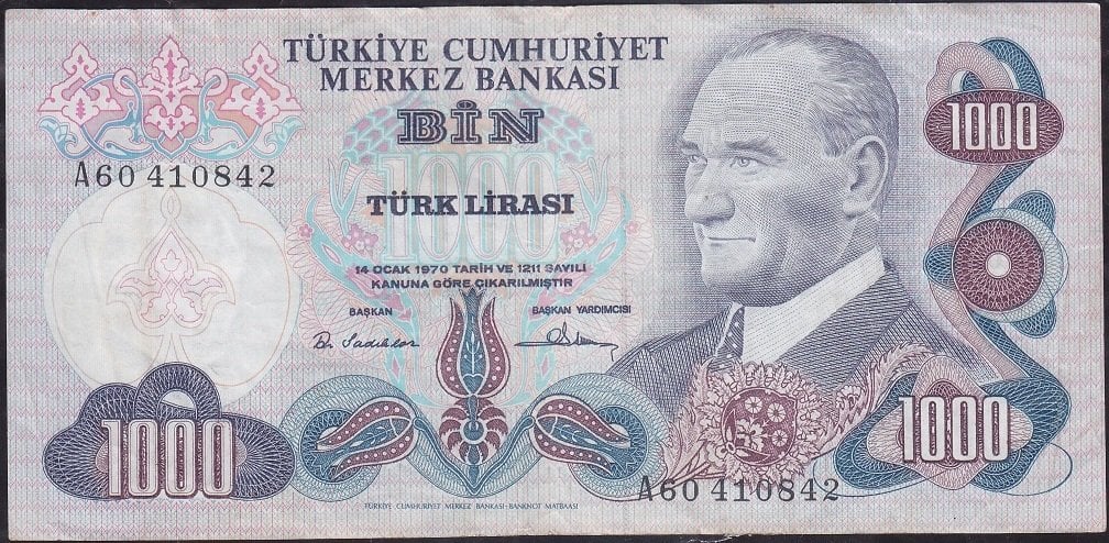 6.Emisyon 1.Tertip 1000 Lira A60 410842 Çok Temiz +
